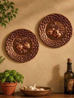 Vintage Made in Italy Copper Fruit Wall Plet of Two Made in Italy Copper Plates